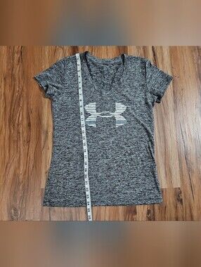 Under Armour Women's Heather Gray V-Neck Striped Logo Tee Size Small